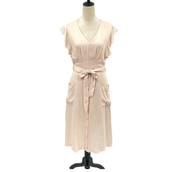 Roolee Cream Woven Belted Flutter Sleeve Button Front V-neck Midi Dress - Picture 1 of 12